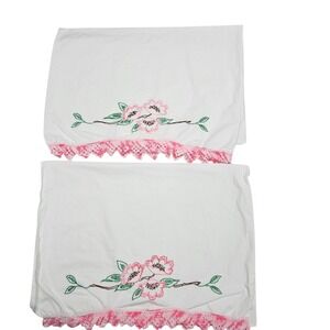 Vintage Handmade Embroidered Pillowcase Set Pink Floral Crochet White Cottage